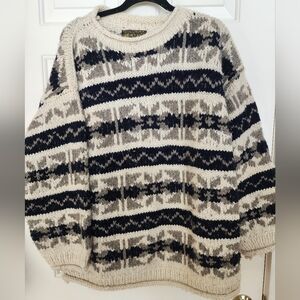 Vintage Reywear Roll Neck Wool Sweater  Nordic Aztec Navy&gray Chunky Hand Knit